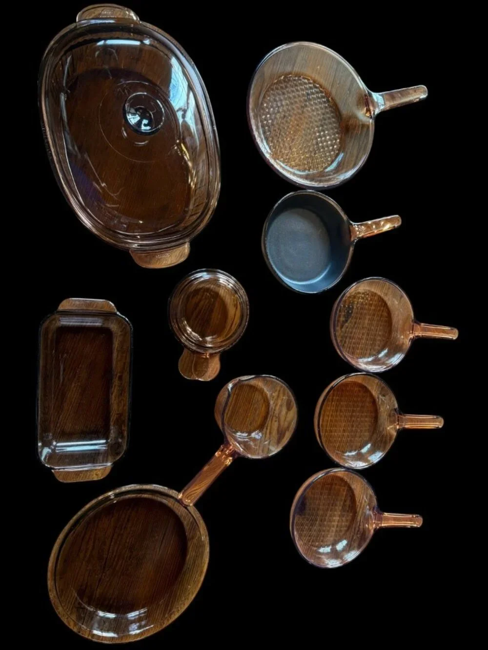 Vintage 12 Pc Corning Ware Vision Pyrex Set Saucepans & Skillets Amber New